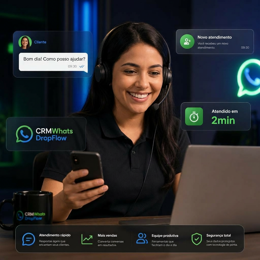 Atendente do CRMWhats DropFlow usando notebook e celular com painel multicanal de WhatsApp e mensagens em tempo real