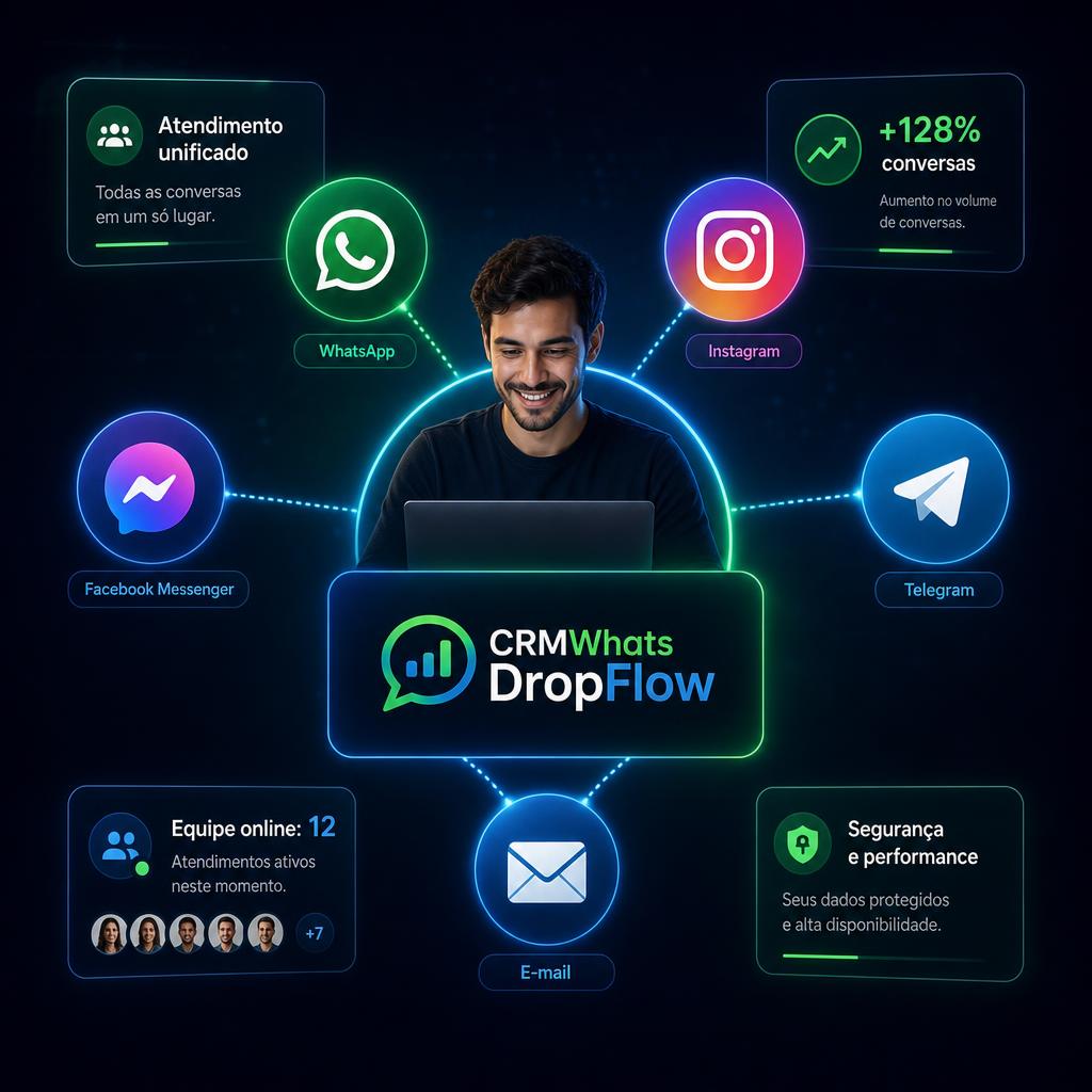 Atendente conectando WhatsApp, Facebook e Instagram no CRMWhats DropFlow com cartões de contato e gráfico de crescimento de conversas